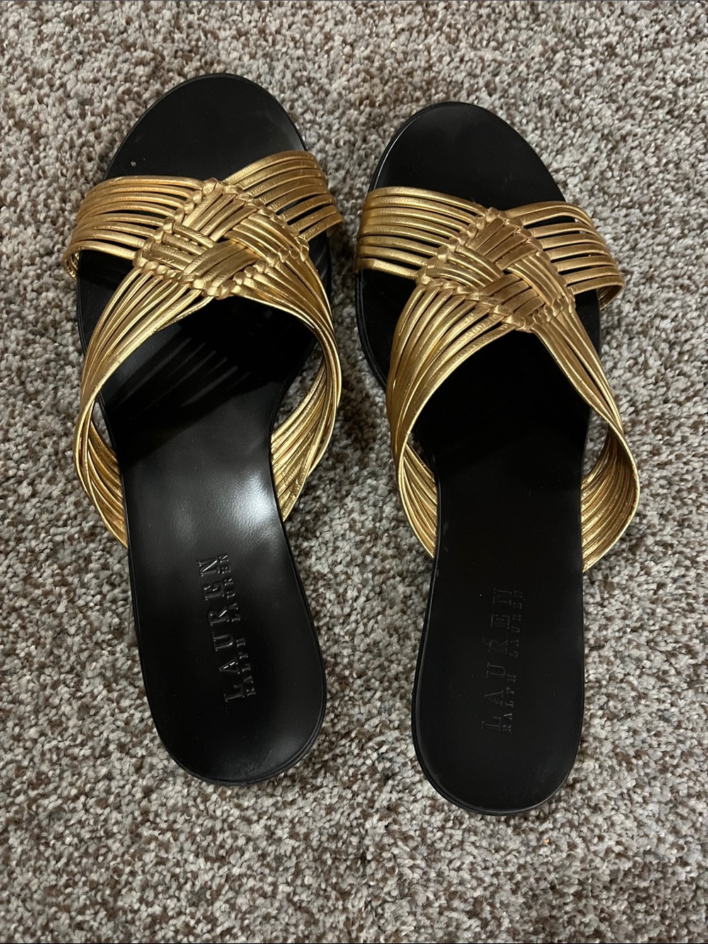 Lauren Ralph Lauren Gold Braided Slide Sandals - Black Footbed